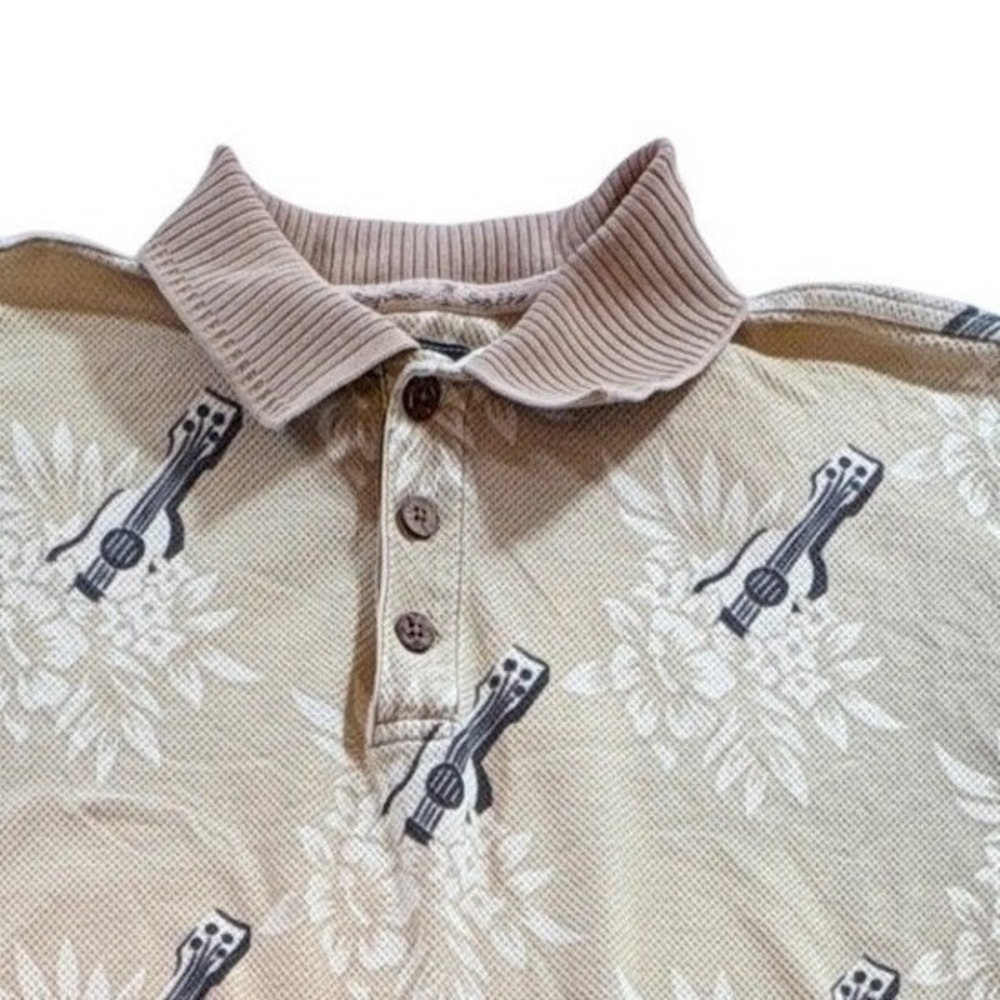 Tommy Bahama Polo Shirt Mens M Tan Ukulele Tropical Cotton Waffle Knit Casual